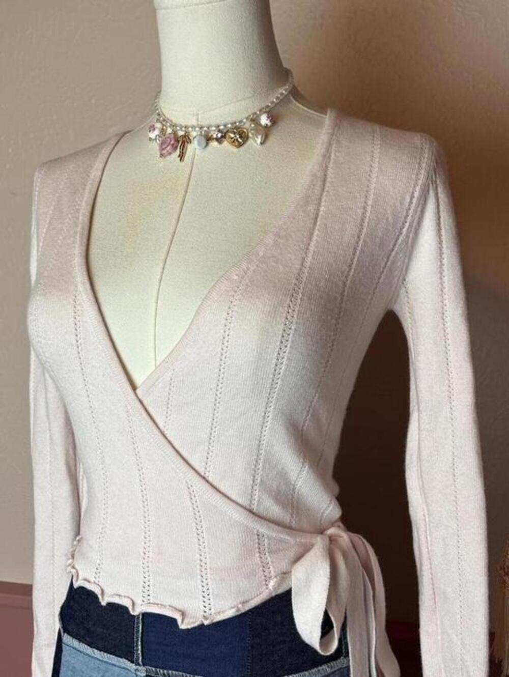 coquette pointelle ballet wrap top rsq light pink sz xs side tie ariana grande
